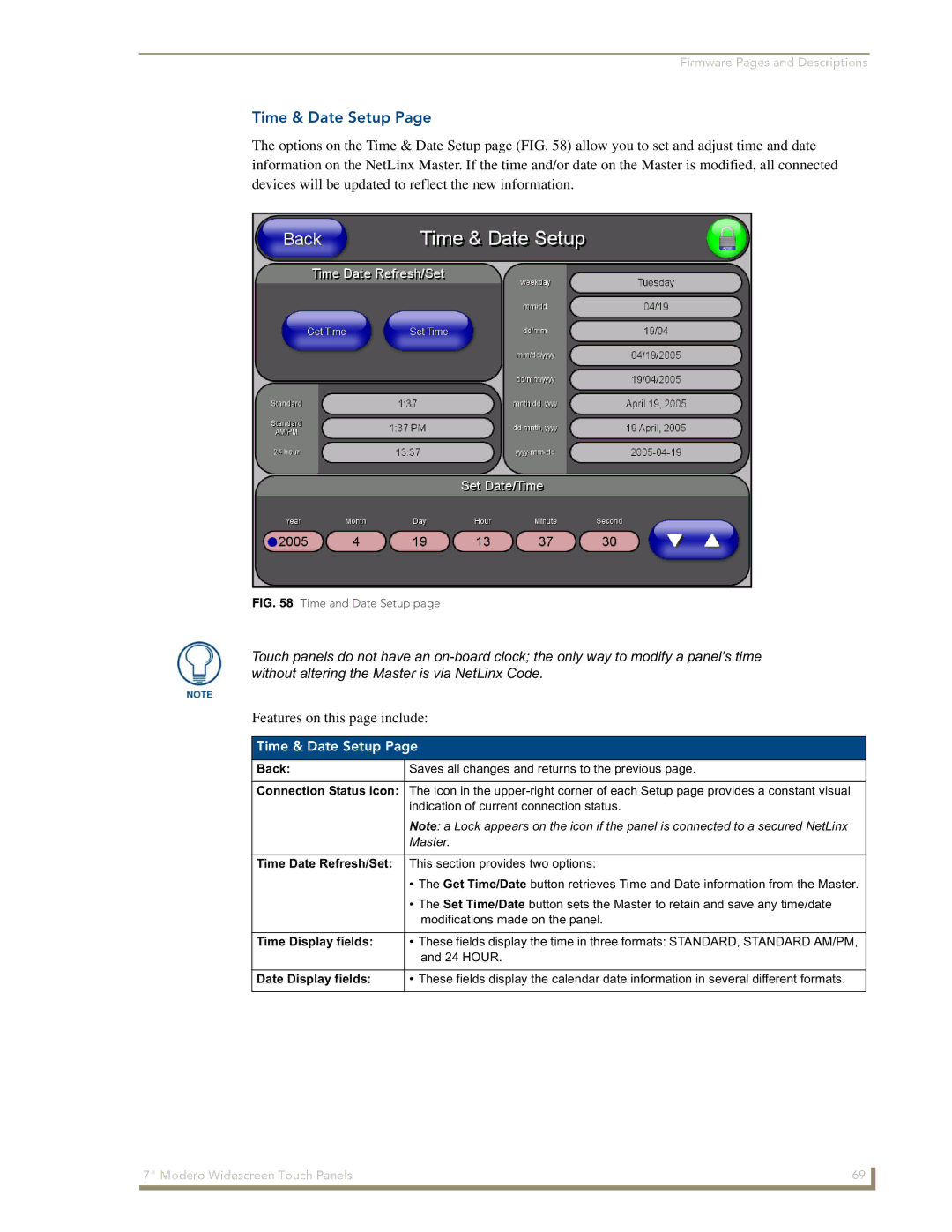 AMX NXD-700Vi manual Time & Date Setup, Time Date Refresh/Set, Time Display fields, Date Display fields 