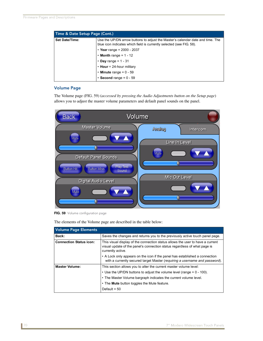 AMX NXD-700Vi manual Volume Page Elements, Set Date/Time, Master Volume 