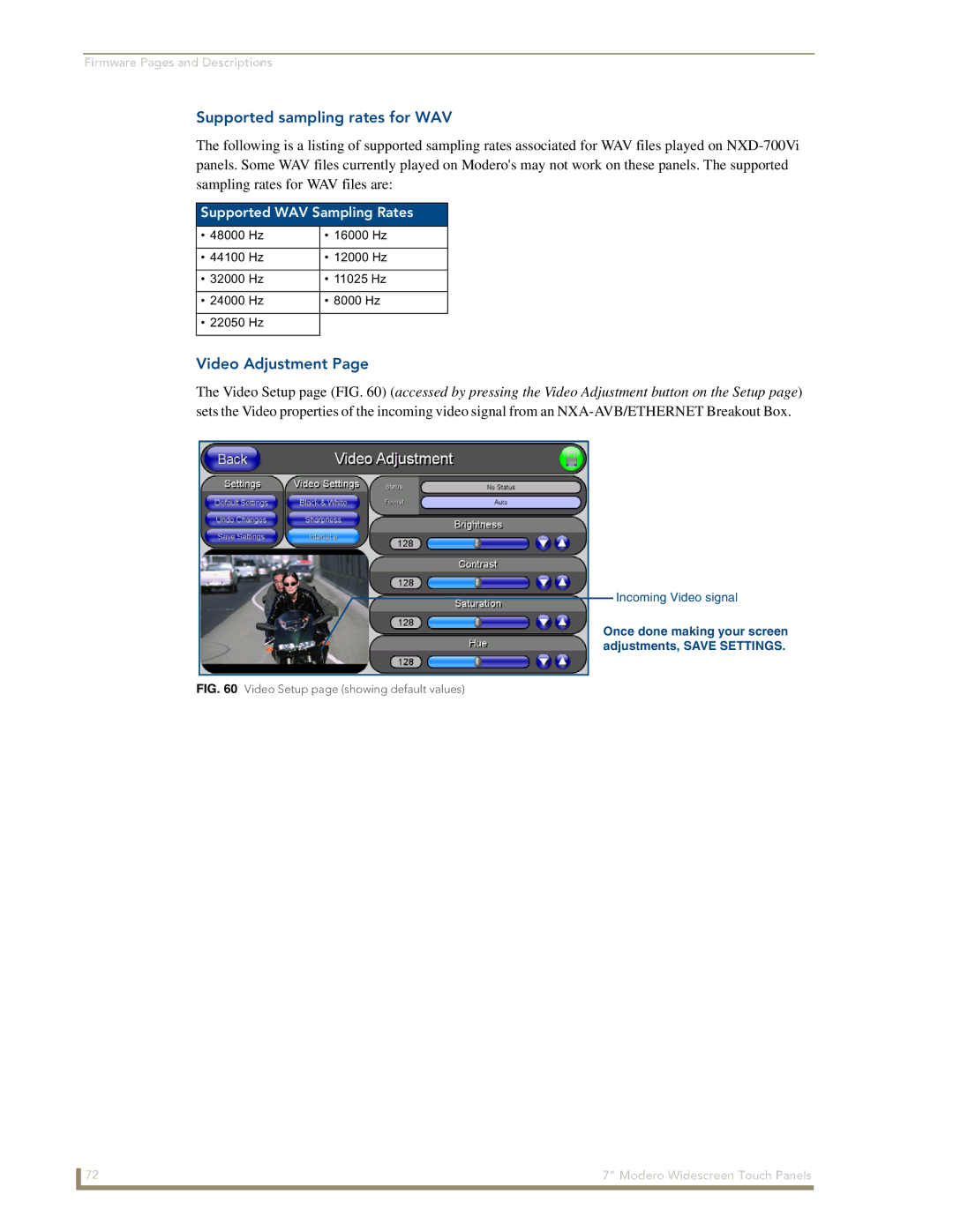 AMX NXD-700Vi manual Supported sampling rates for WAV, Video Adjustment, Supported WAV Sampling Rates 