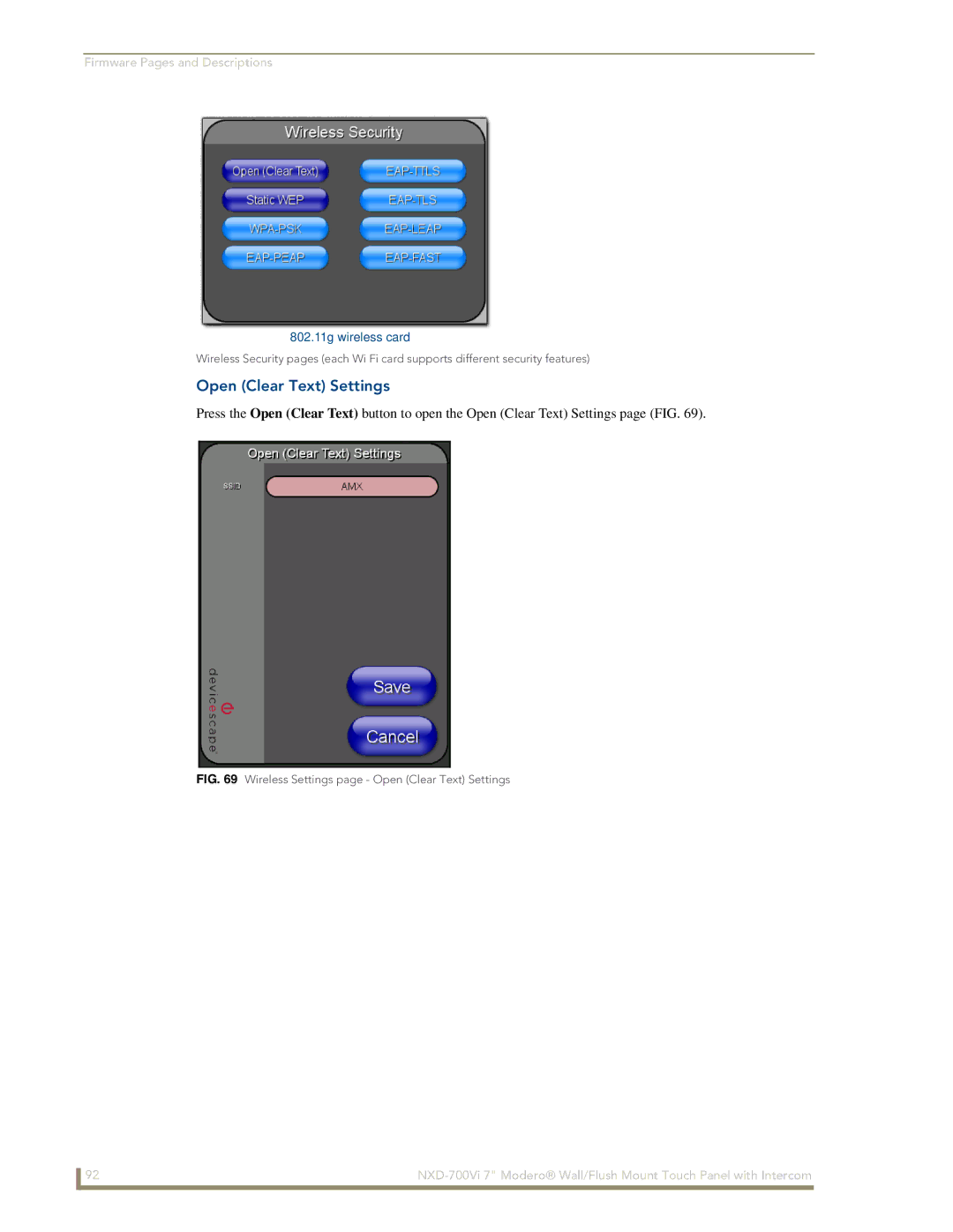 AMX NXD-700Vi manual Wireless Settings page Open Clear Text Settings 