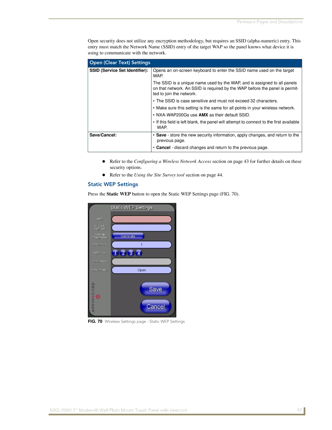 AMX NXD-700Vi manual Static WEP Settings, Open Clear Text Settings, Save/Cancel 