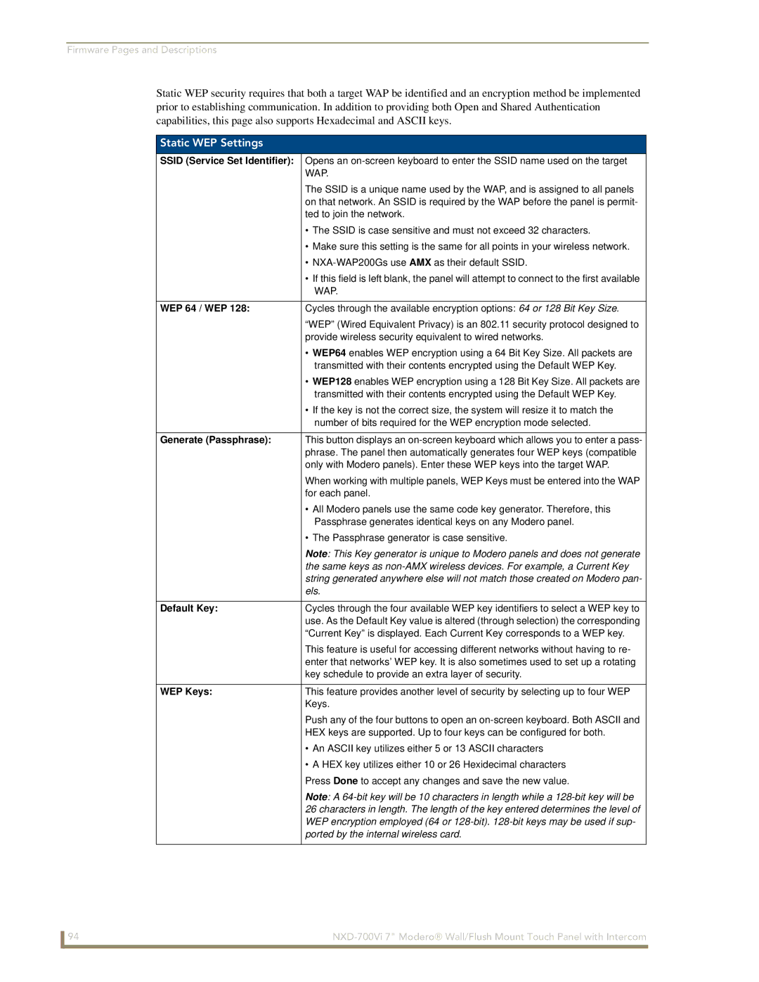 AMX NXD-700Vi manual Static WEP Settings, WEP 64 / WEP, Generate Passphrase, Default Key, WEP Keys 
