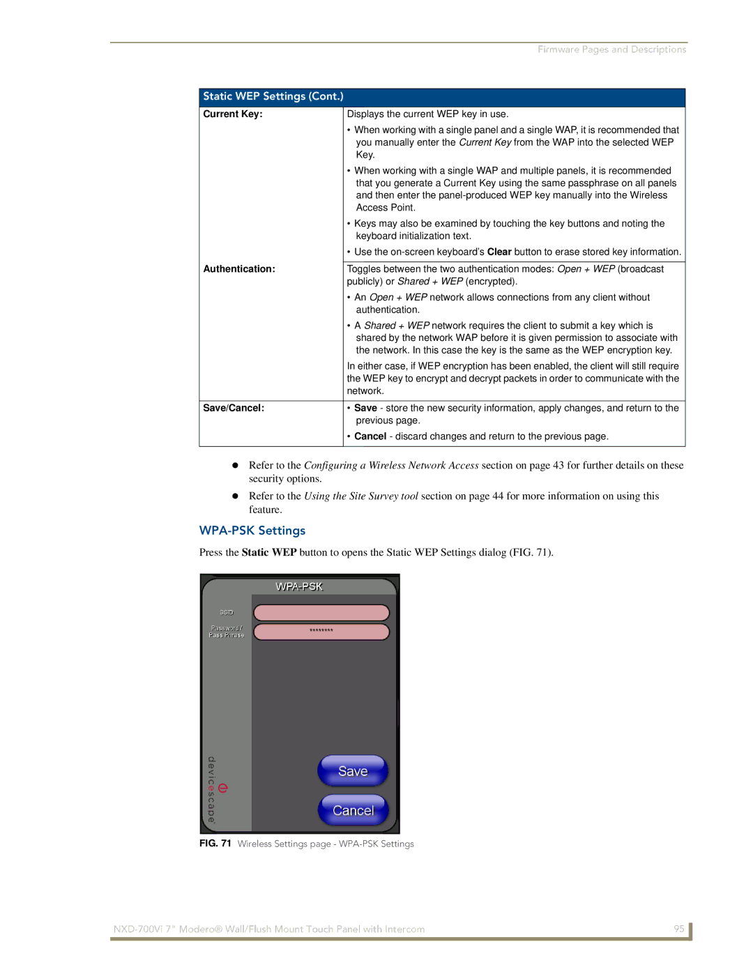 AMX NXD-700Vi manual WPA-PSK Settings, Current Key, Authentication 