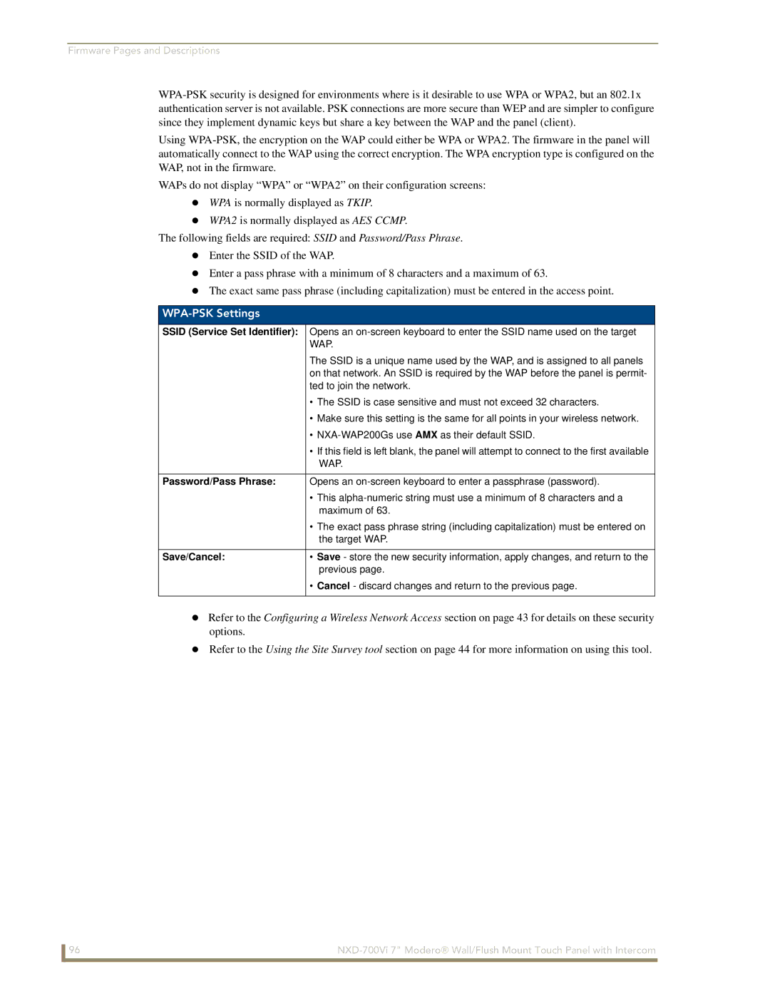 AMX NXD-700Vi manual WPA-PSK Settings, Password/Pass Phrase 