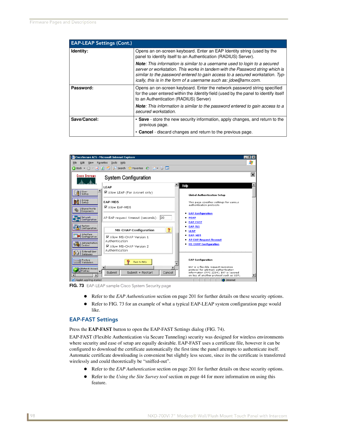 AMX NXD-700Vi manual EAP-FAST Settings, Identity 