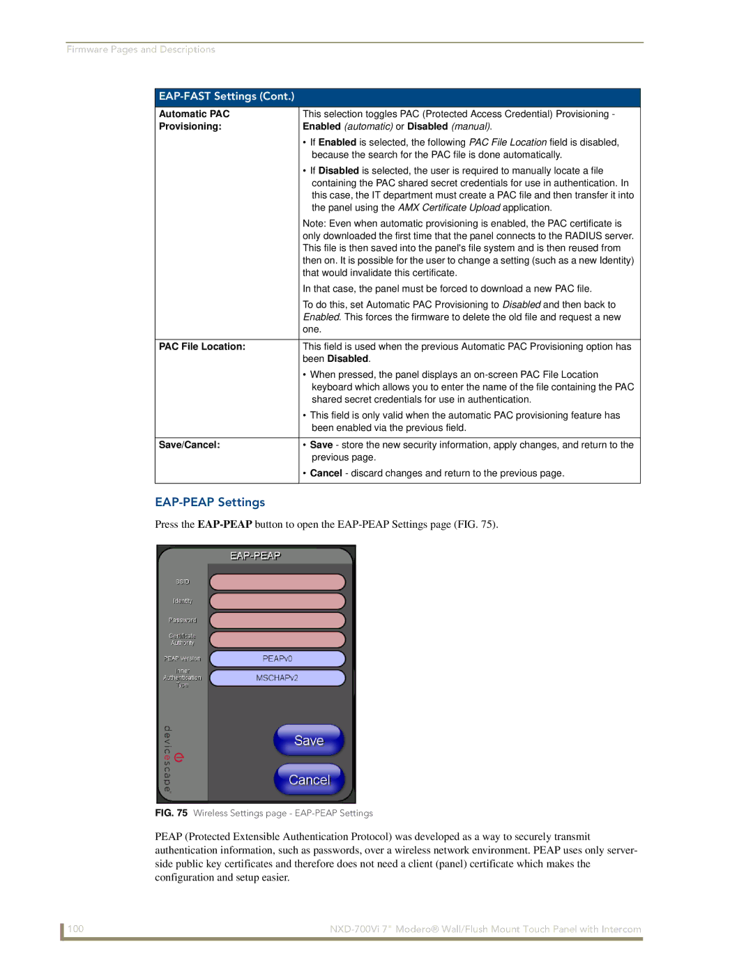 AMX NXD-700Vi manual EAP-PEAP Settings, Automatic PAC, Provisioning, PAC File Location, Been Disabled 