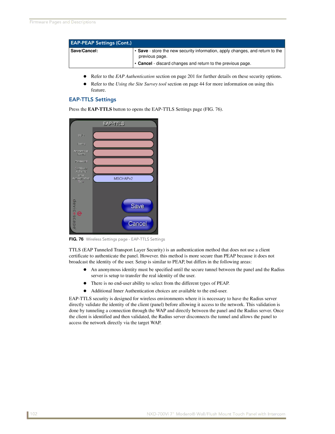 AMX NXD-700Vi manual Wireless Settings page EAP-TTLS Settings 