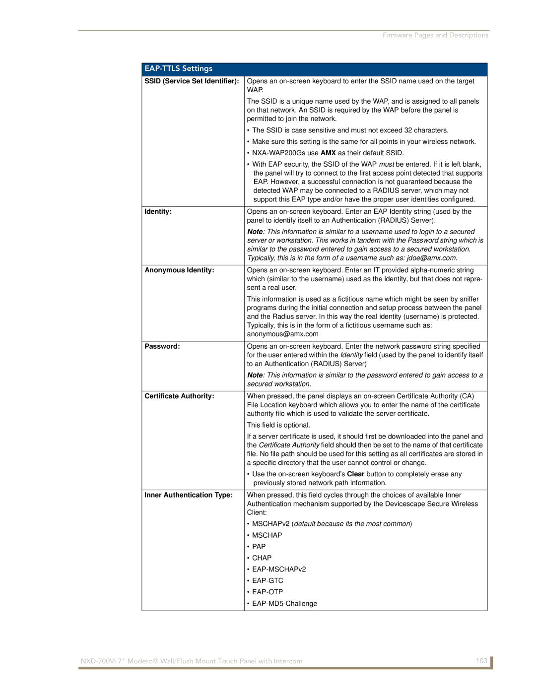 AMX NXD-700Vi manual EAP-TTLS Settings, MSCHAPv2 default because its the most common 