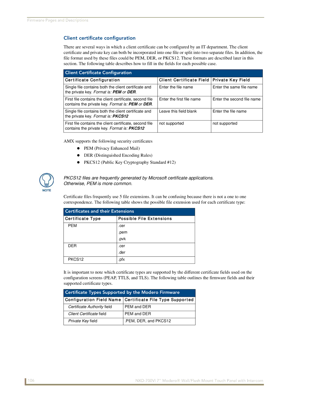 AMX NXD-700Vi manual Client certificate configuration, Client Certificate Configuration, Certificates and their Extensions 