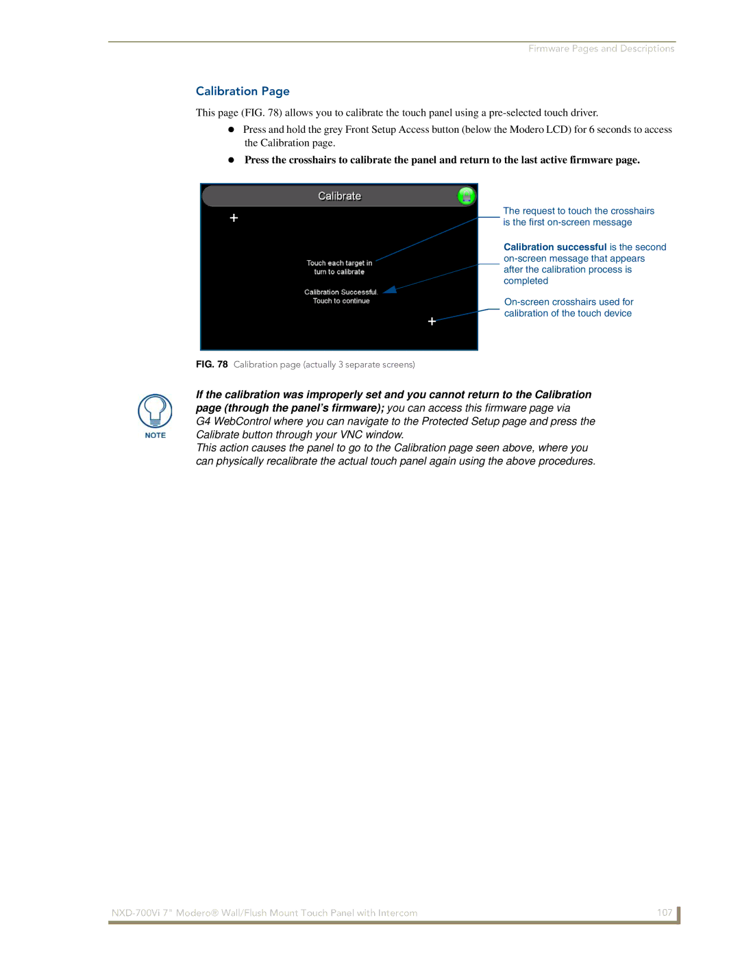 AMX NXD-700Vi manual Calibration page actually 3 separate screens 