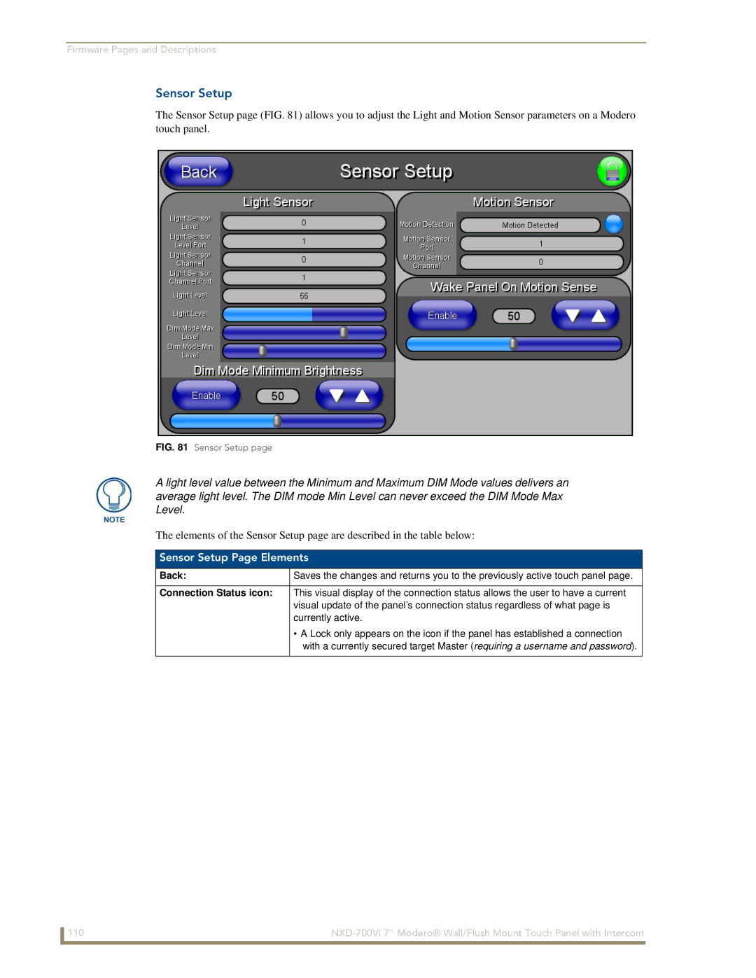 AMX NXD-700Vi manual Sensor Setup Page Elements 