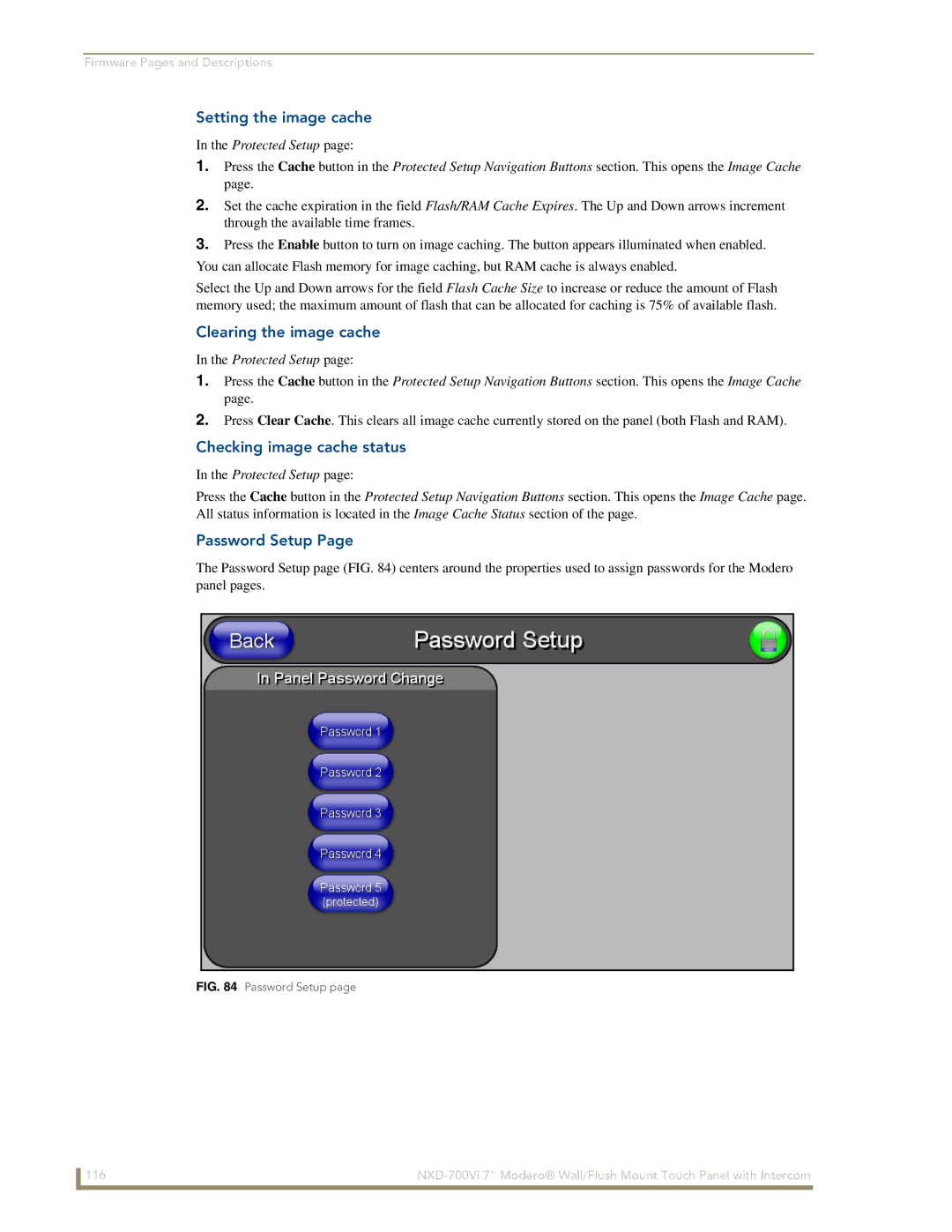 AMX NXD-700Vi manual Setting the image cache, Clearing the image cache, Checking image cache status, Password Setup 