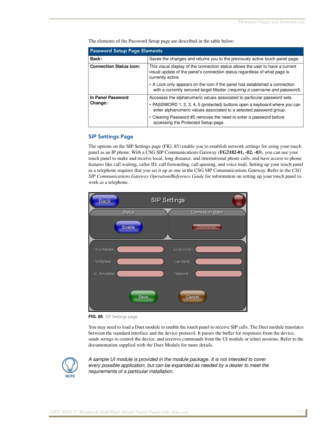 AMX NXD-700Vi manual SIP Settings, Password Setup Page Elements, Panel Password, Change 