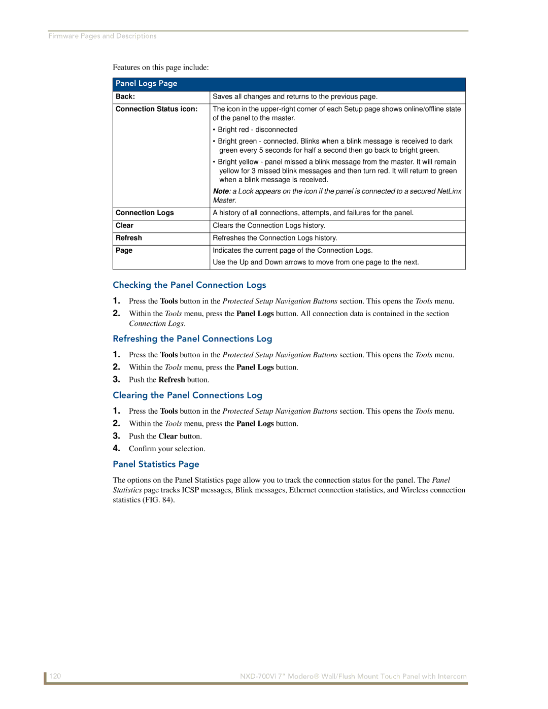 AMX NXD-700Vi Checking the Panel Connection Logs, Refreshing the Panel Connections Log, Clearing the Panel Connections Log 