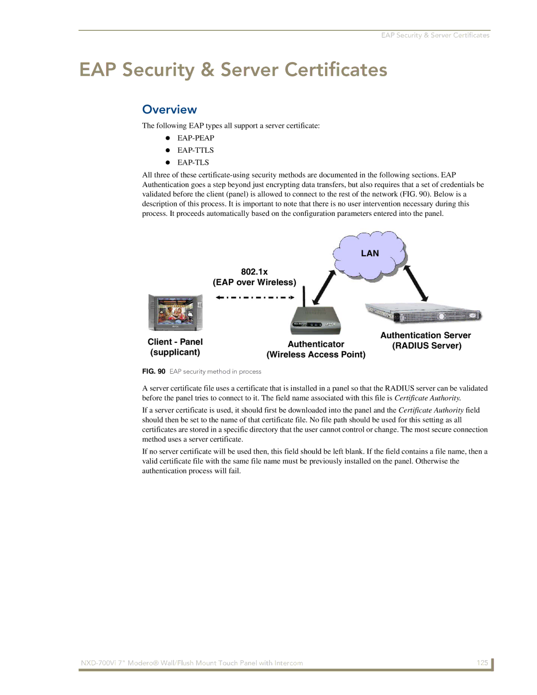 AMX NXD-700Vi manual EAP Security & Server Certificates, Eap-Peap Eap-Ttls Eap-Tls 