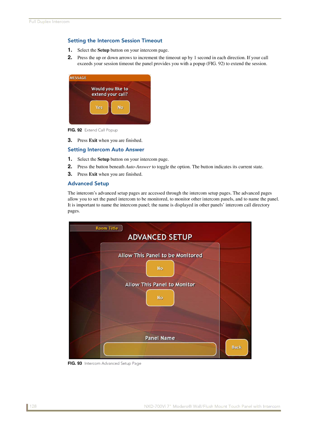 AMX NXD-700Vi manual Setting the Intercom Session Timeout, Setting Intercom Auto Answer, Advanced Setup 