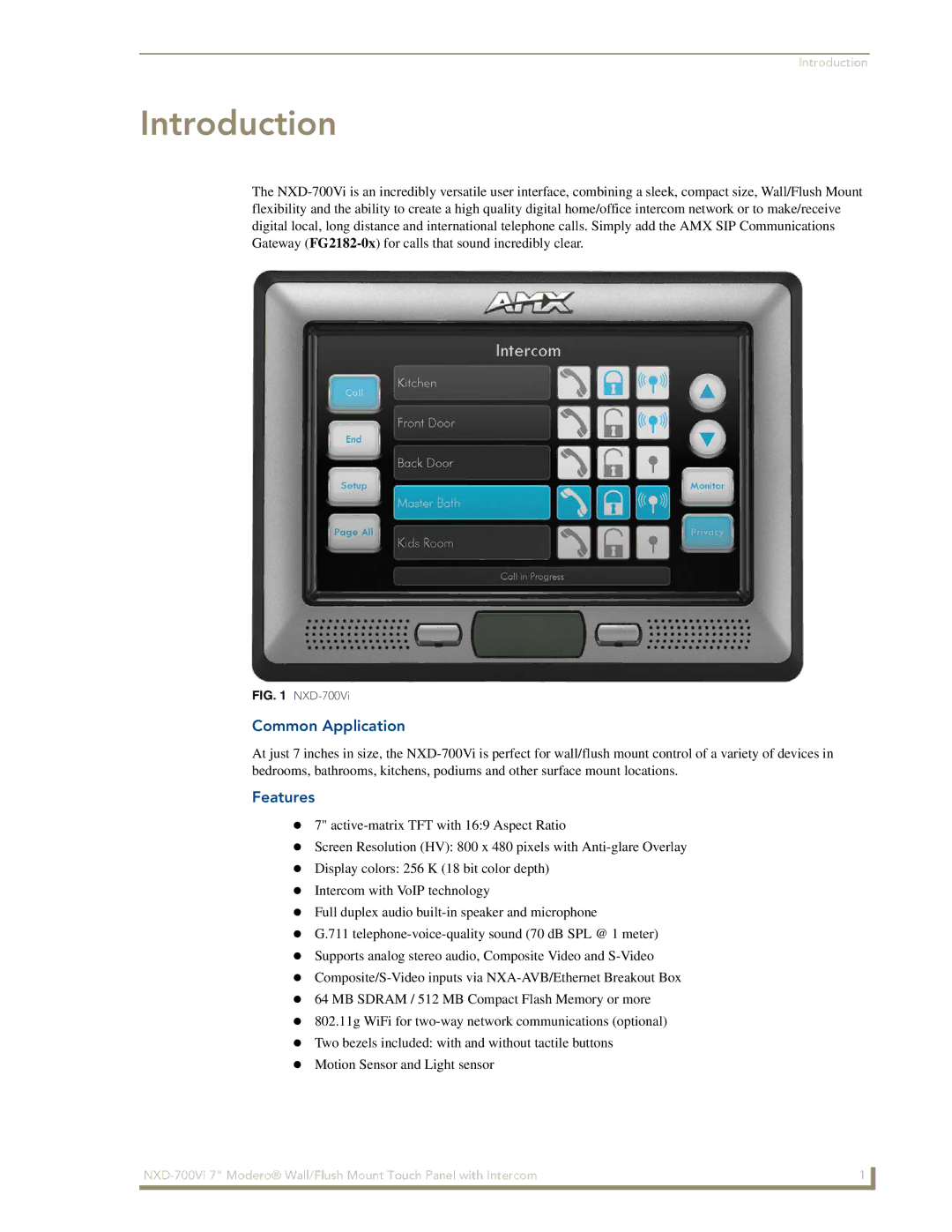 AMX NXD-700Vi manual Introduction, Common Application, Features 