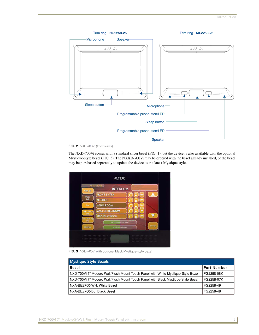 AMX NXD-700Vi manual Mystique Style Bezels, Bezel Part Number 