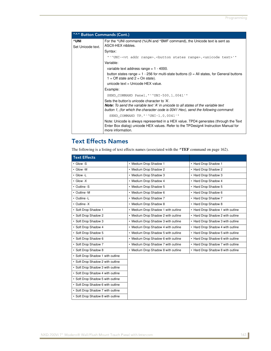 AMX NXD-700Vi manual Text Effects Names, Uni 