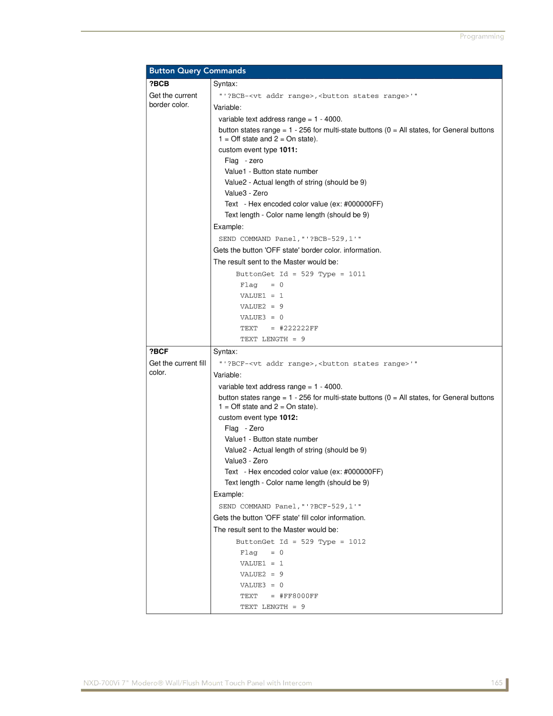 AMX NXD-700Vi manual Button Query Commands, ?Bcb, ?Bcf 