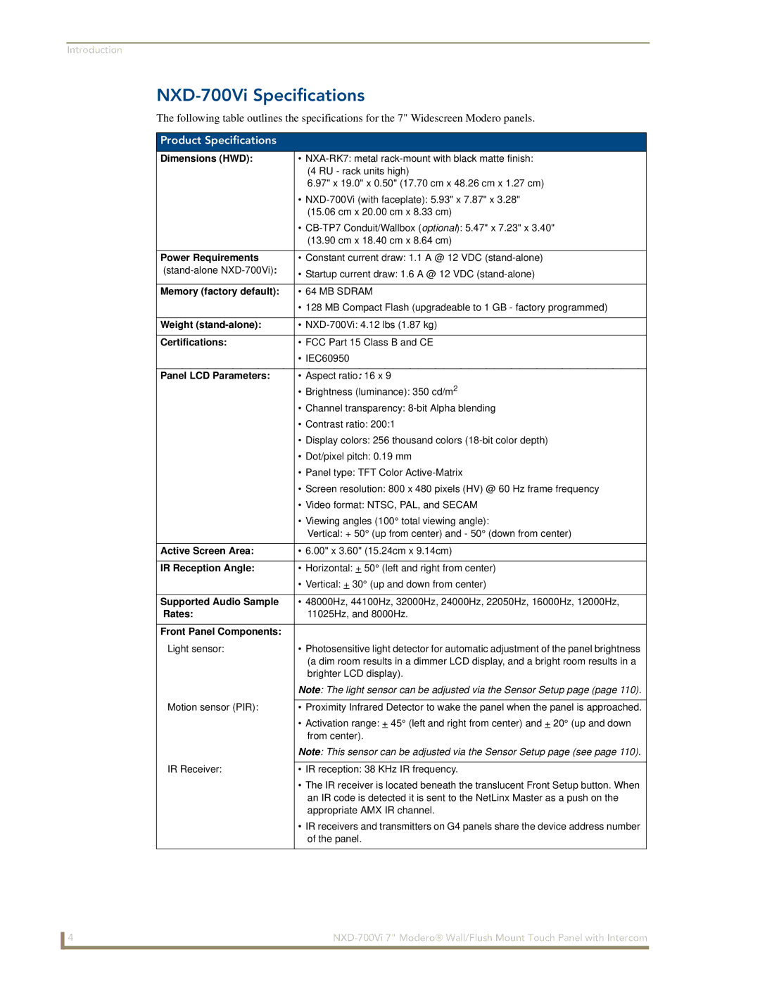 AMX manual NXD-700Vi Specifications, Product Specifications 