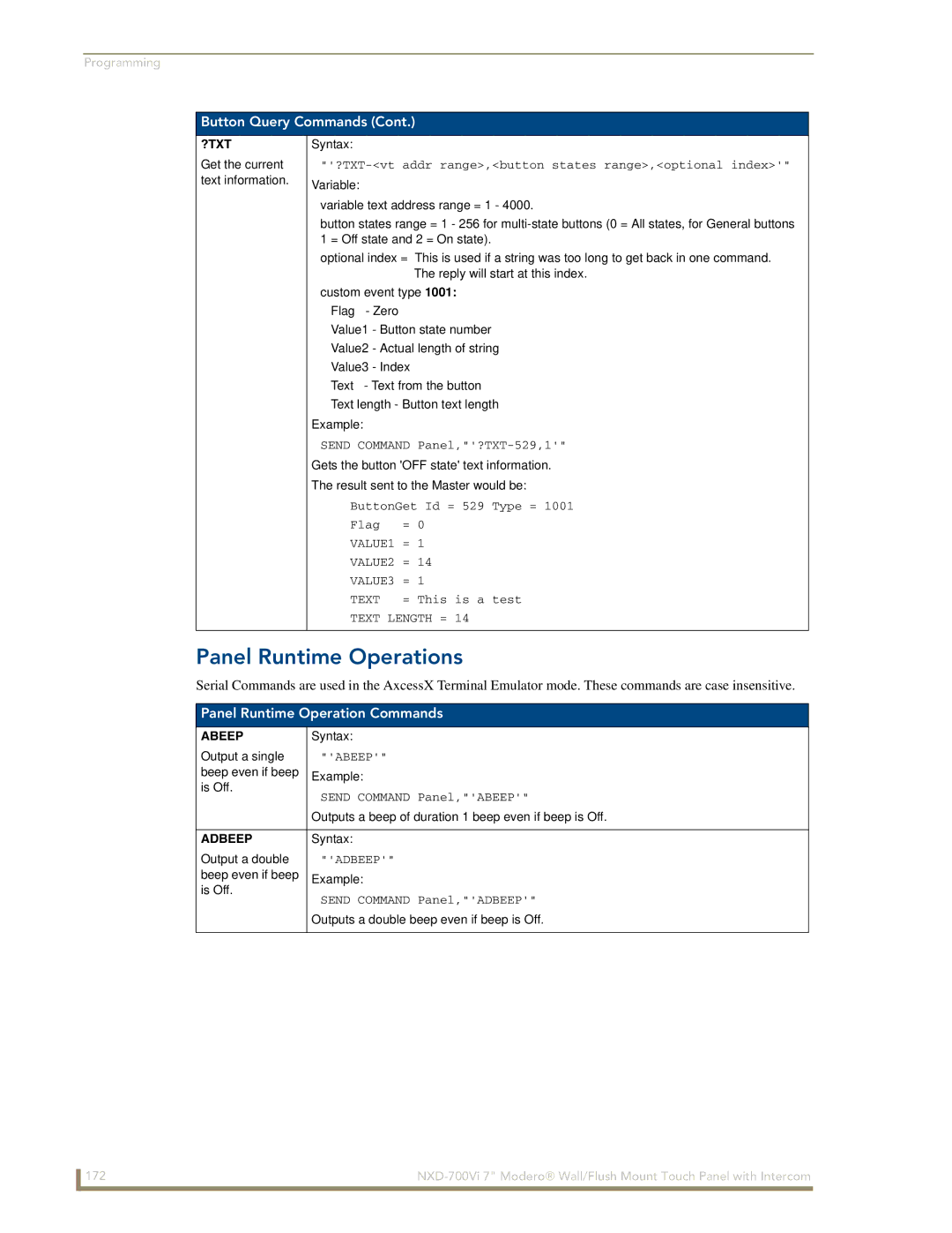 AMX NXD-700Vi manual Panel Runtime Operations, Panel Runtime Operation Commands, ?Txt, Abeep, Adbeep 