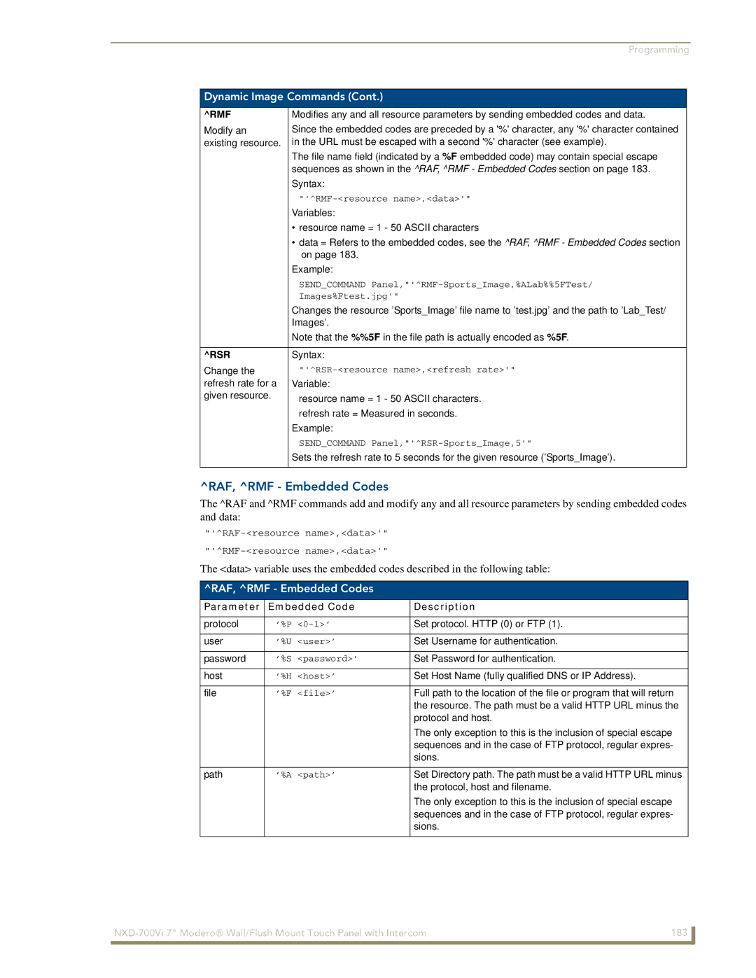 AMX NXD-700Vi manual RAF, RMF Embedded Codes, Rmf, Rsr, Parameter Embedded Code Description 