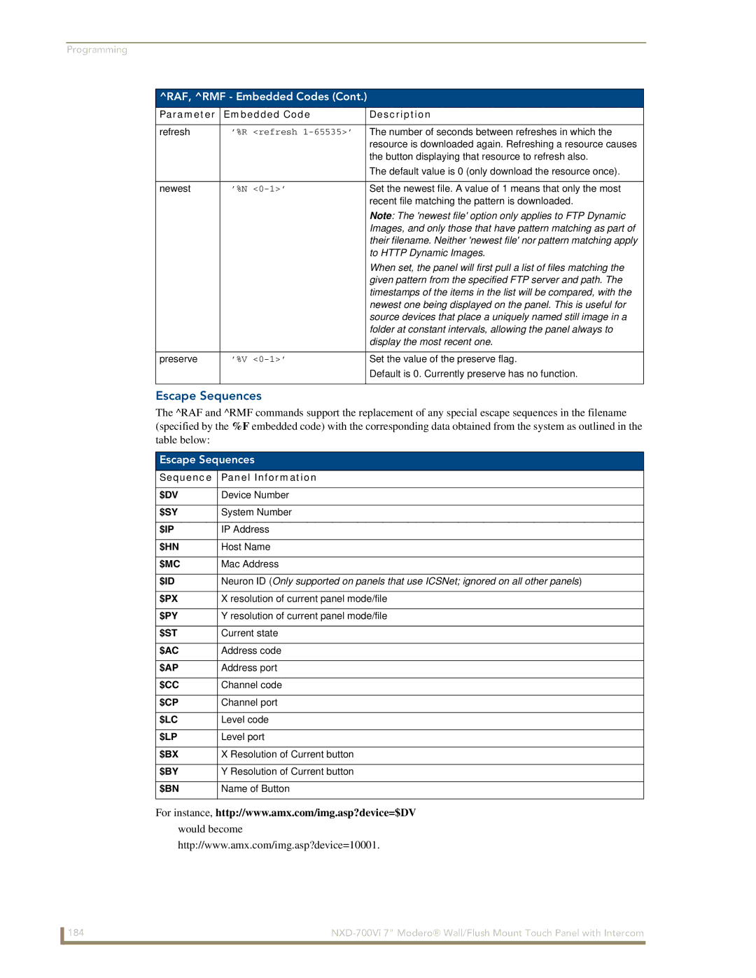 AMX NXD-700Vi manual Escape Sequences 