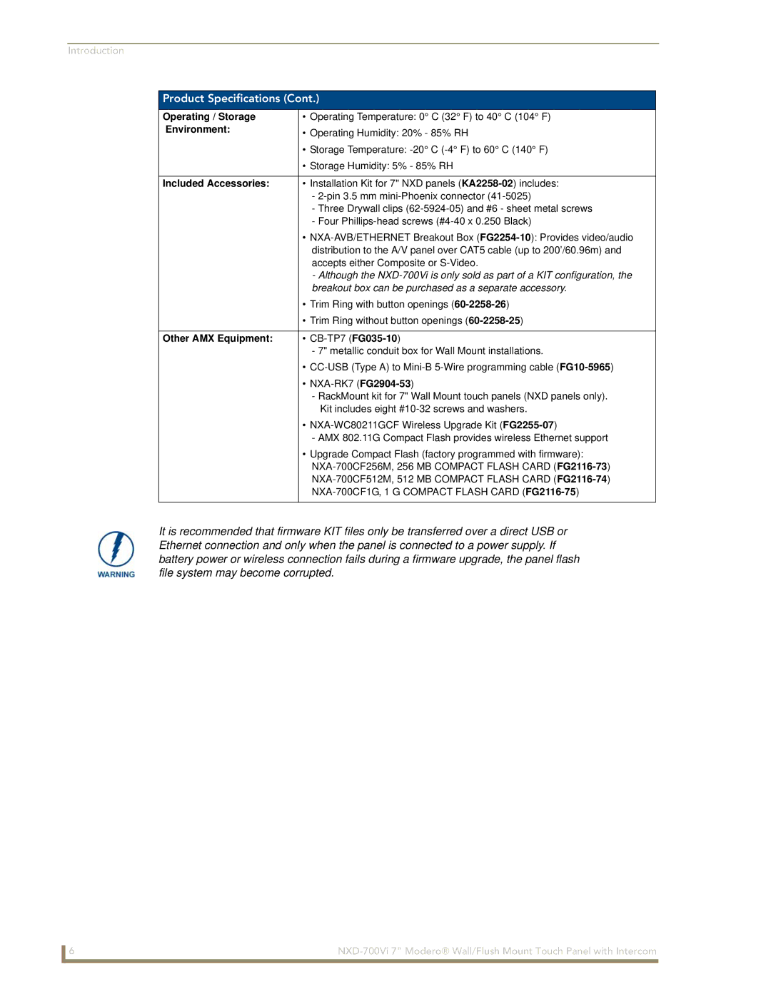 AMX NXD-700Vi manual Operating / Storage, Environment, Included Accessories, Other AMX Equipment 