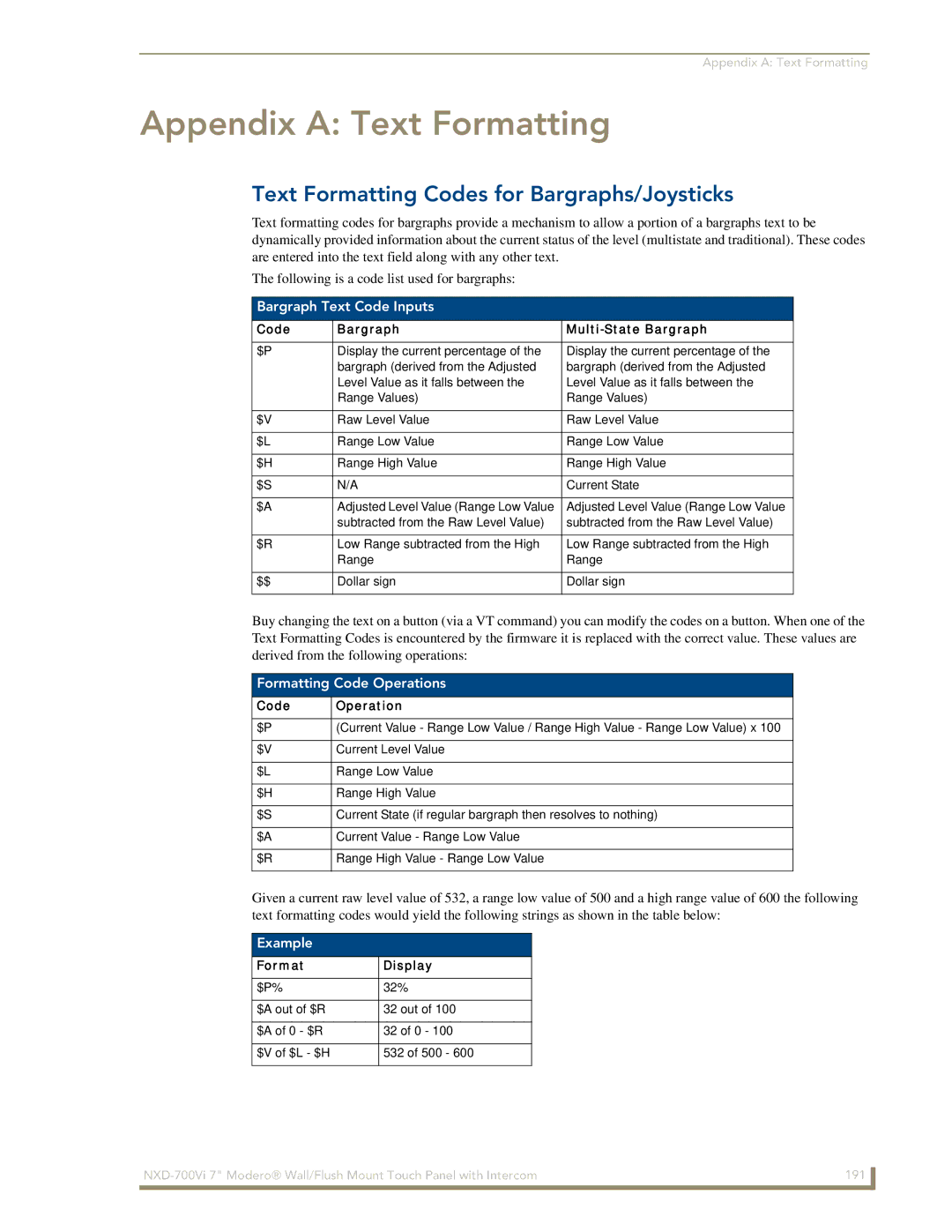 AMX NXD-700Vi manual Appendix a Text Formatting, Text Formatting Codes for Bargraphs/Joysticks, Bargraph Text Code Inputs 