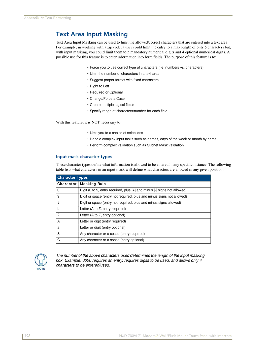 AMX NXD-700Vi manual Text Area Input Masking, Input mask character types, Character Types, Character Masking Rule 