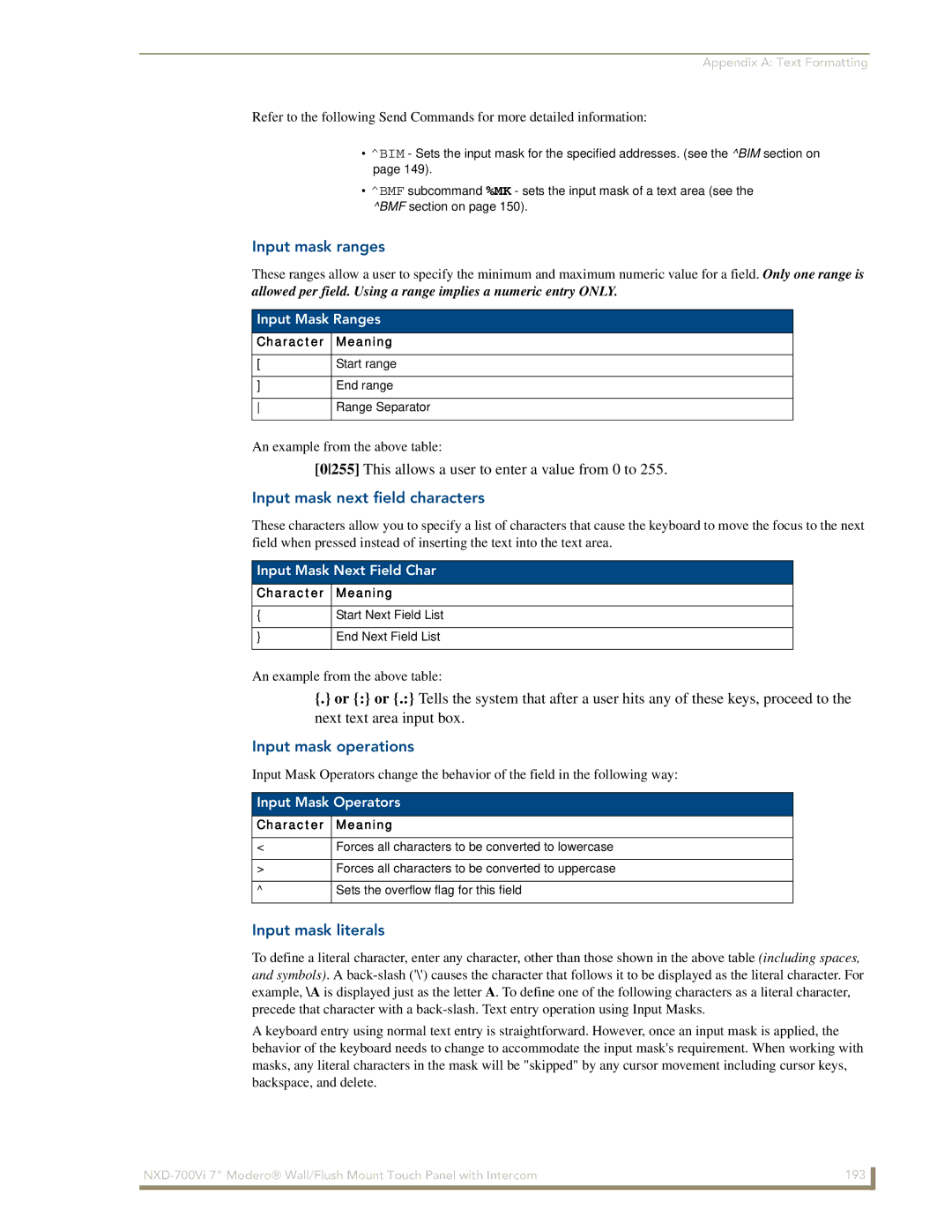 AMX NXD-700Vi manual Input mask ranges, Input mask next field characters, Input mask operations, Input mask literals 