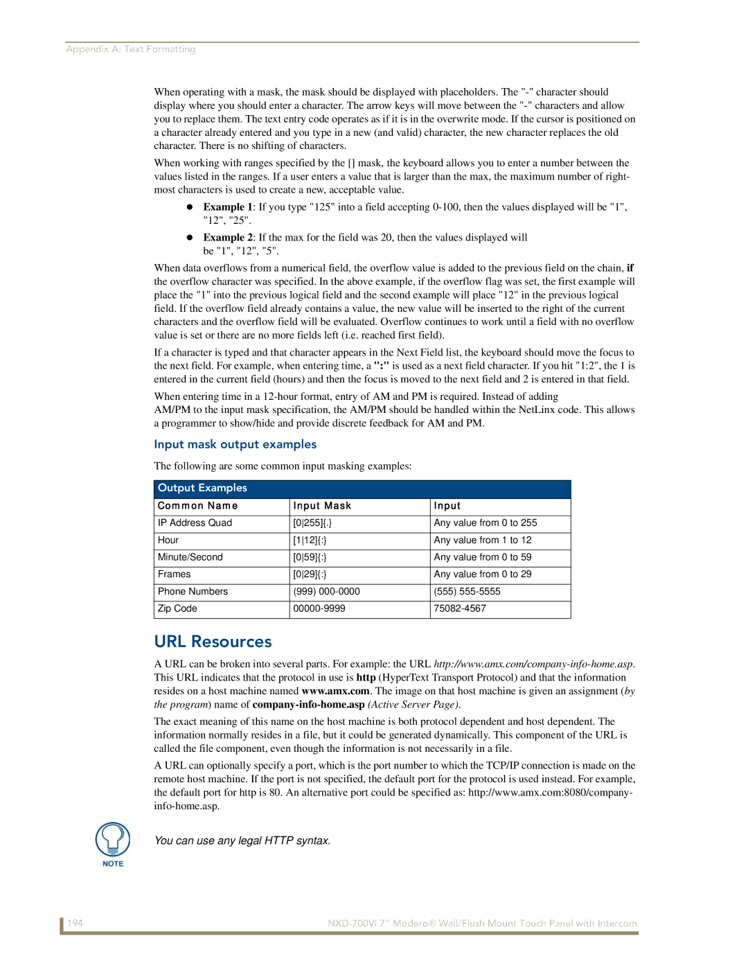 AMX NXD-700Vi manual URL Resources, Input mask output examples, Output Examples, Common Name Input Mask 