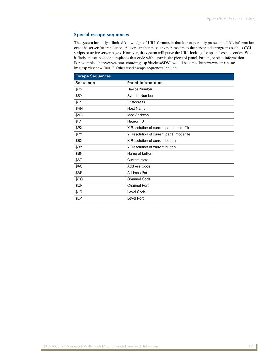 AMX NXD-700Vi manual Special escape sequences, $Lp 