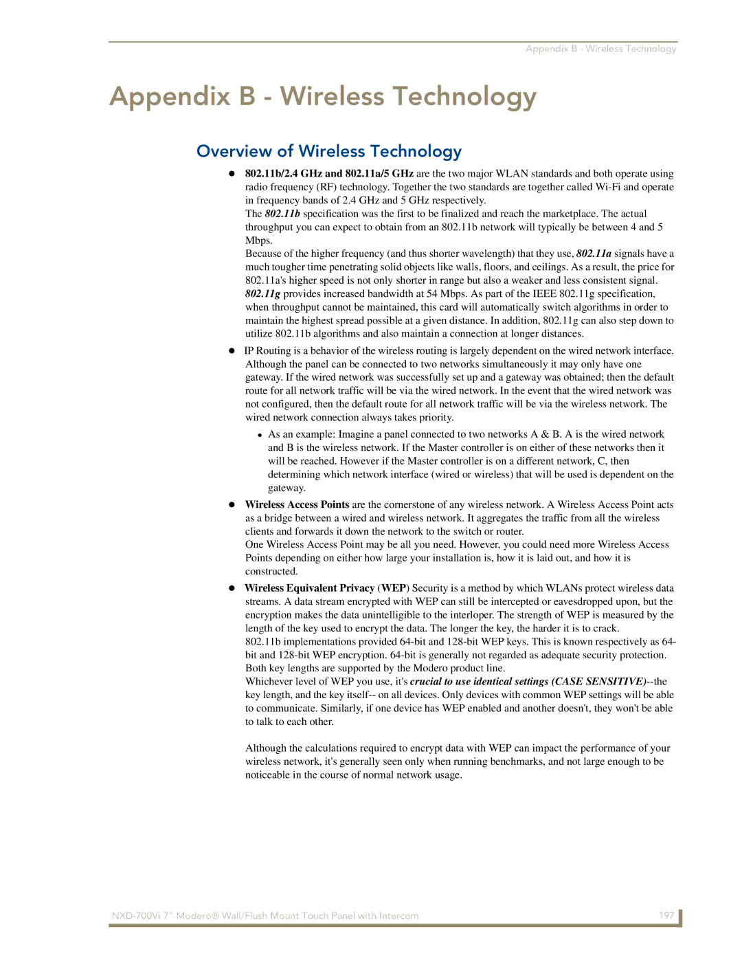 AMX NXD-700Vi manual Appendix B Wireless Technology, Overview of Wireless Technology 