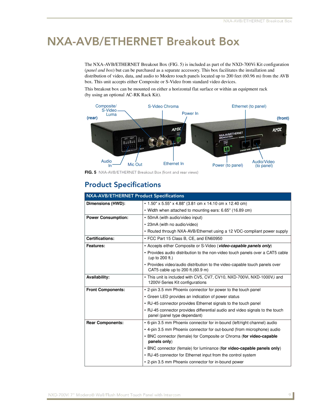 AMX NXD-700Vi manual NXA-AVB/ETHERNET Breakout Box, NXA-AVB/ETHERNET Product Specifications 