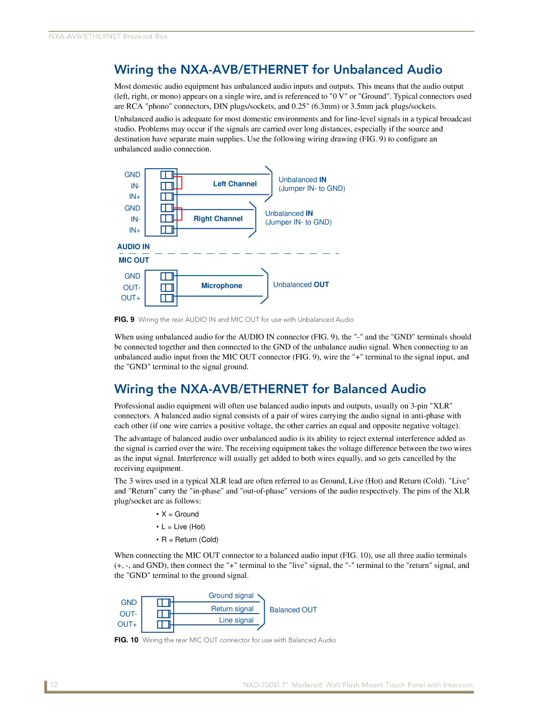 AMX NXD-700Vi manual Wiring the NXA-AVB/ETHERNET for Unbalanced Audio, Wiring the NXA-AVB/ETHERNET for Balanced Audio 