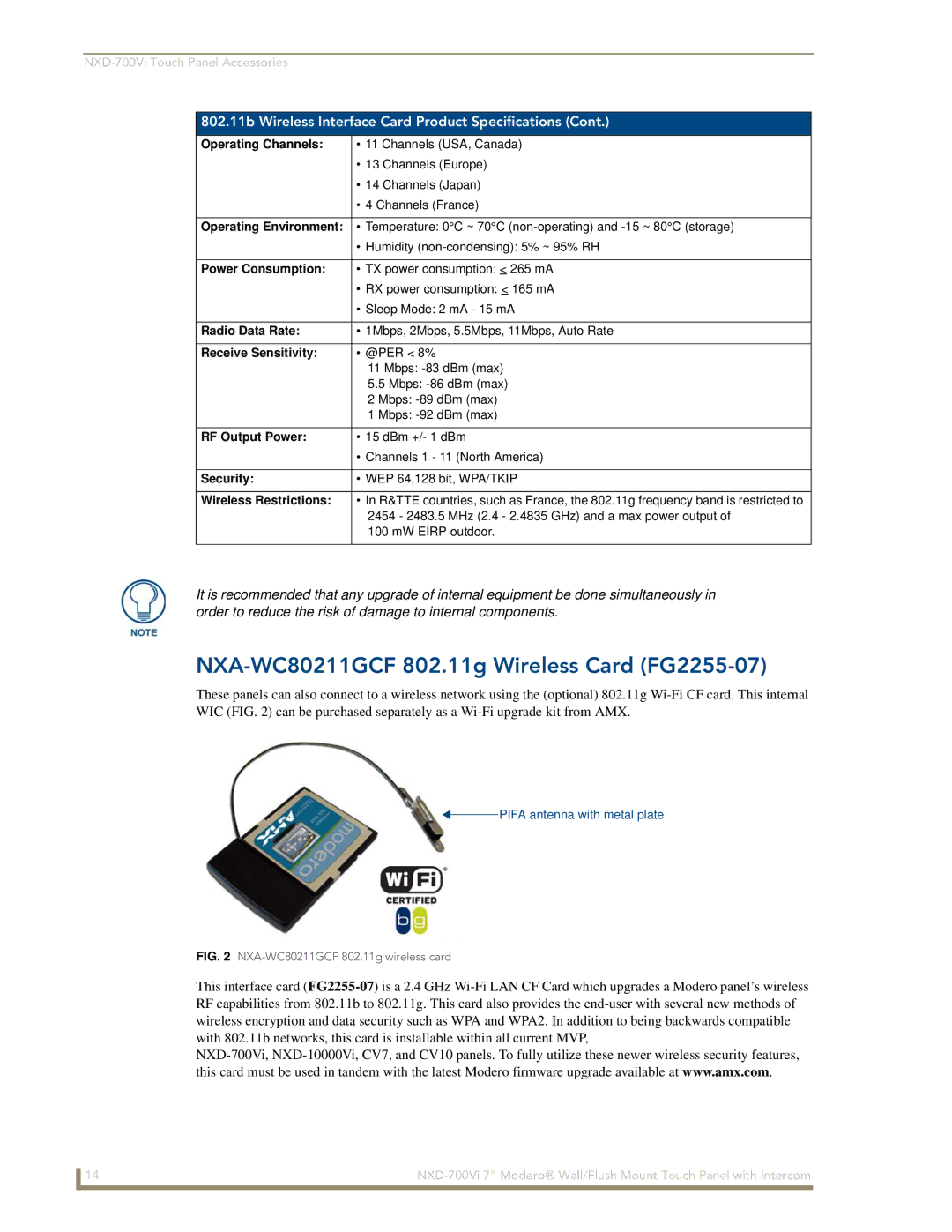 AMX NXD-700Vi manual NXA-WC80211GCF 802.11g Wireless Card FG2255-07 