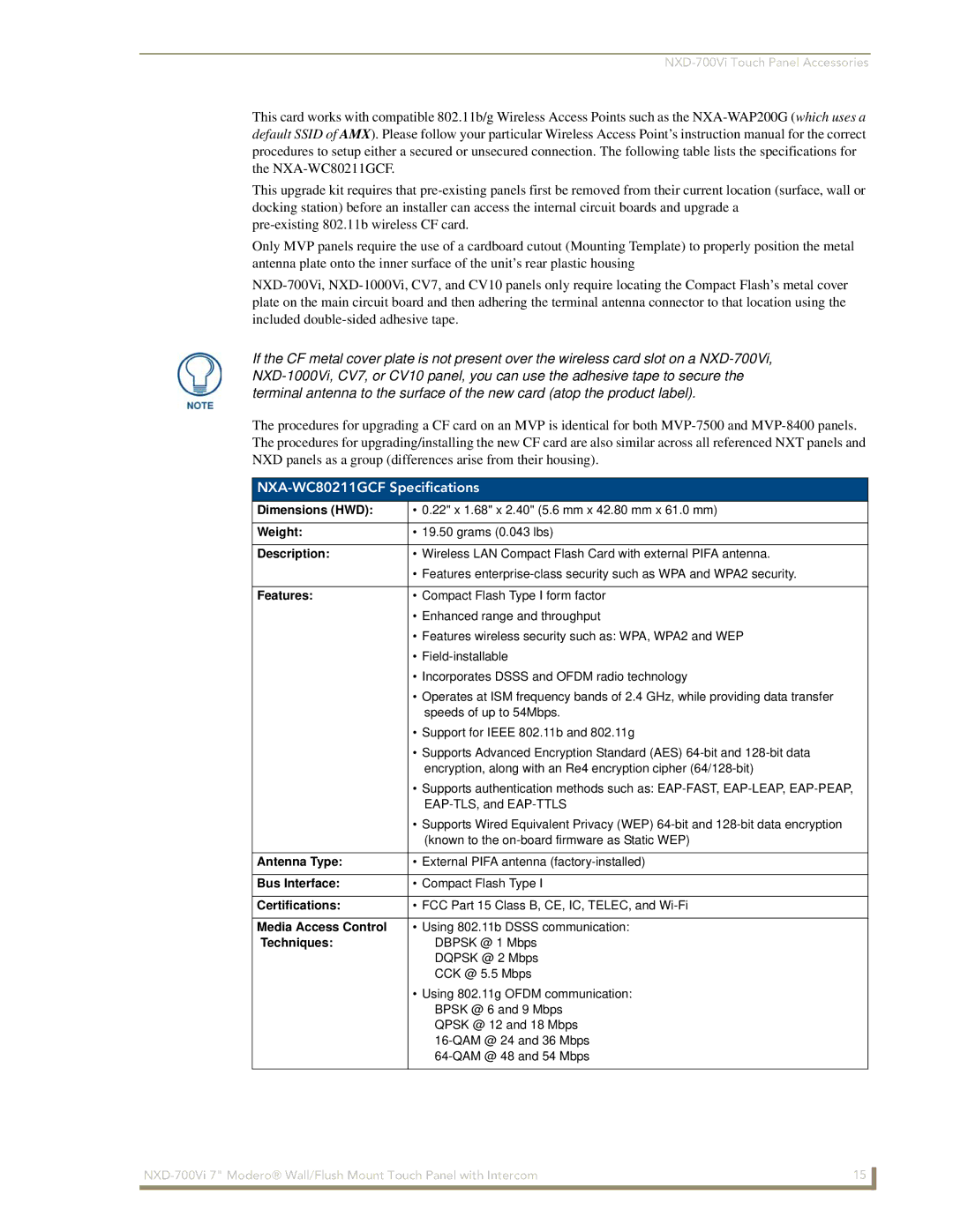 AMX NXD-700Vi manual NXA-WC80211GCF Specifications, Antenna Type, Bus Interface, Media Access Control, Techniques 