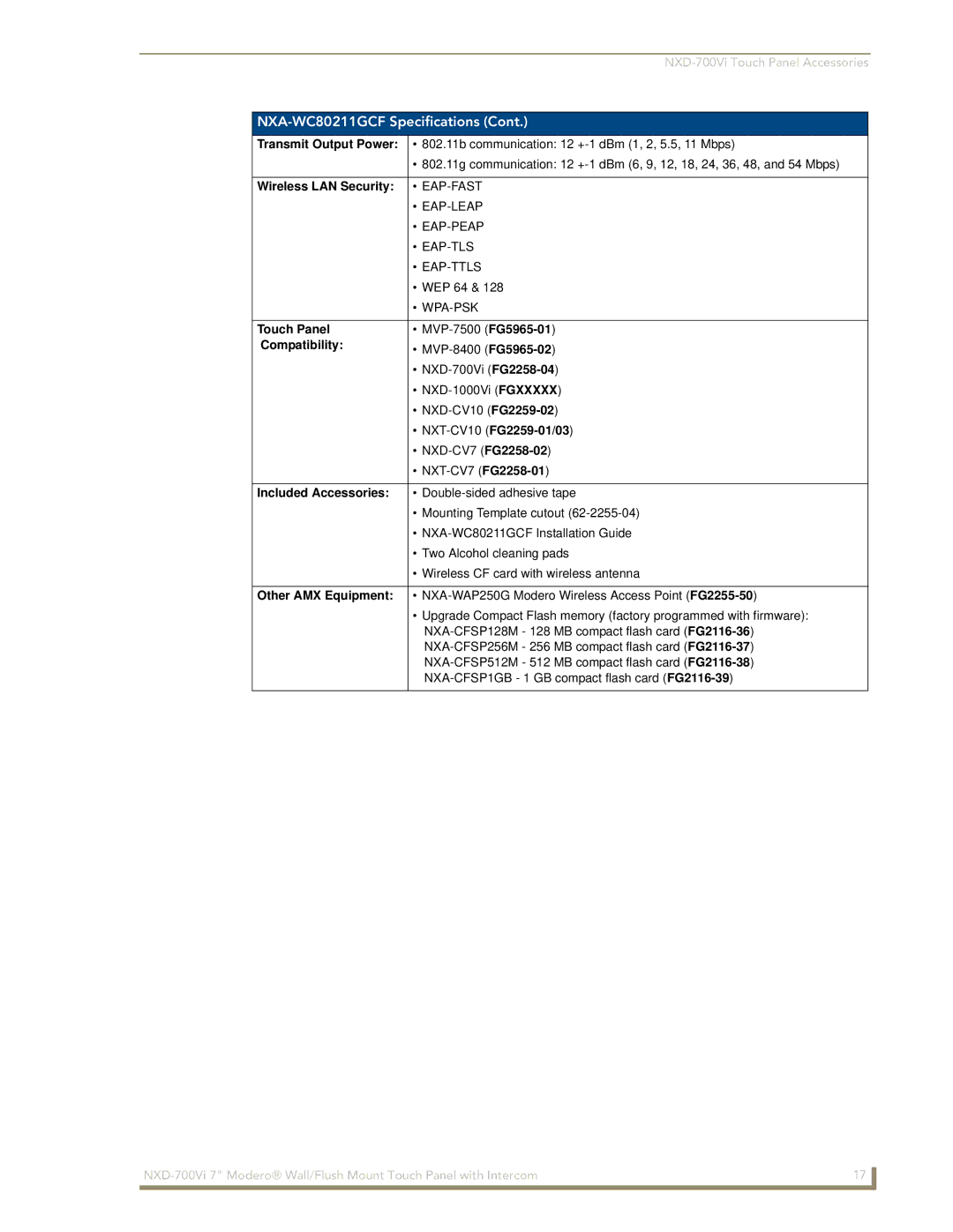 AMX NXD-700Vi manual Wireless LAN Security EAP-FAST, Touch Panel, Compatibility, NXT-CV10FG2259-01/03 