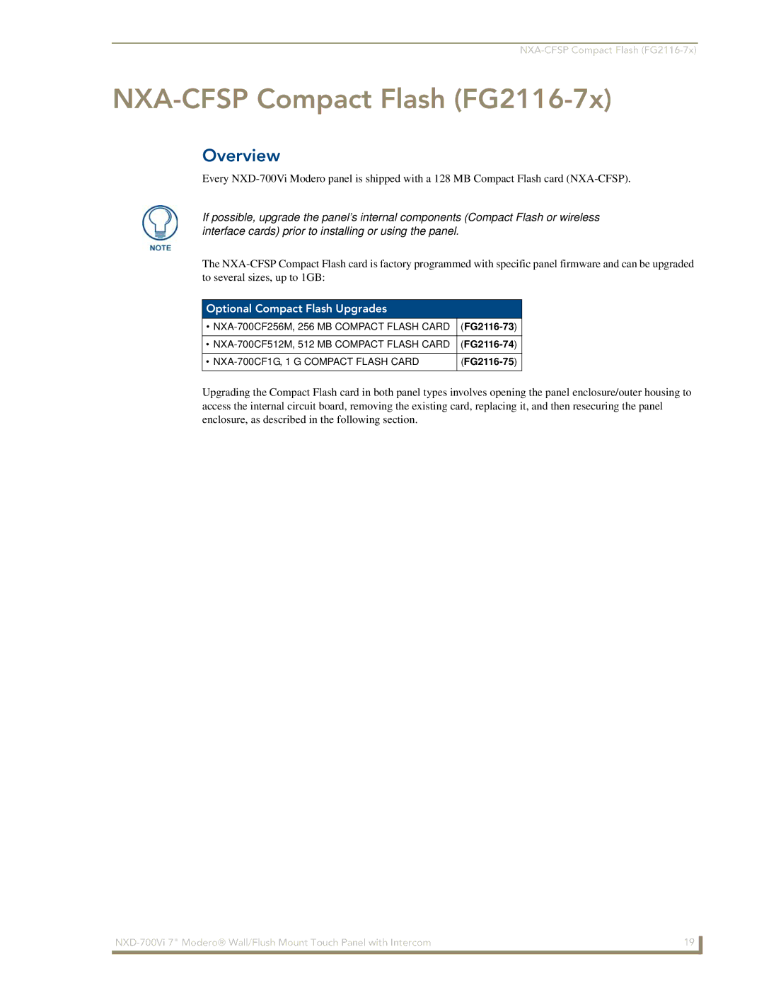 AMX NXD-700Vi manual NXA-CFSP Compact Flash FG2116-7x, Optional Compact Flash Upgrades, FG2116-73, FG2116-74, FG2116-75 