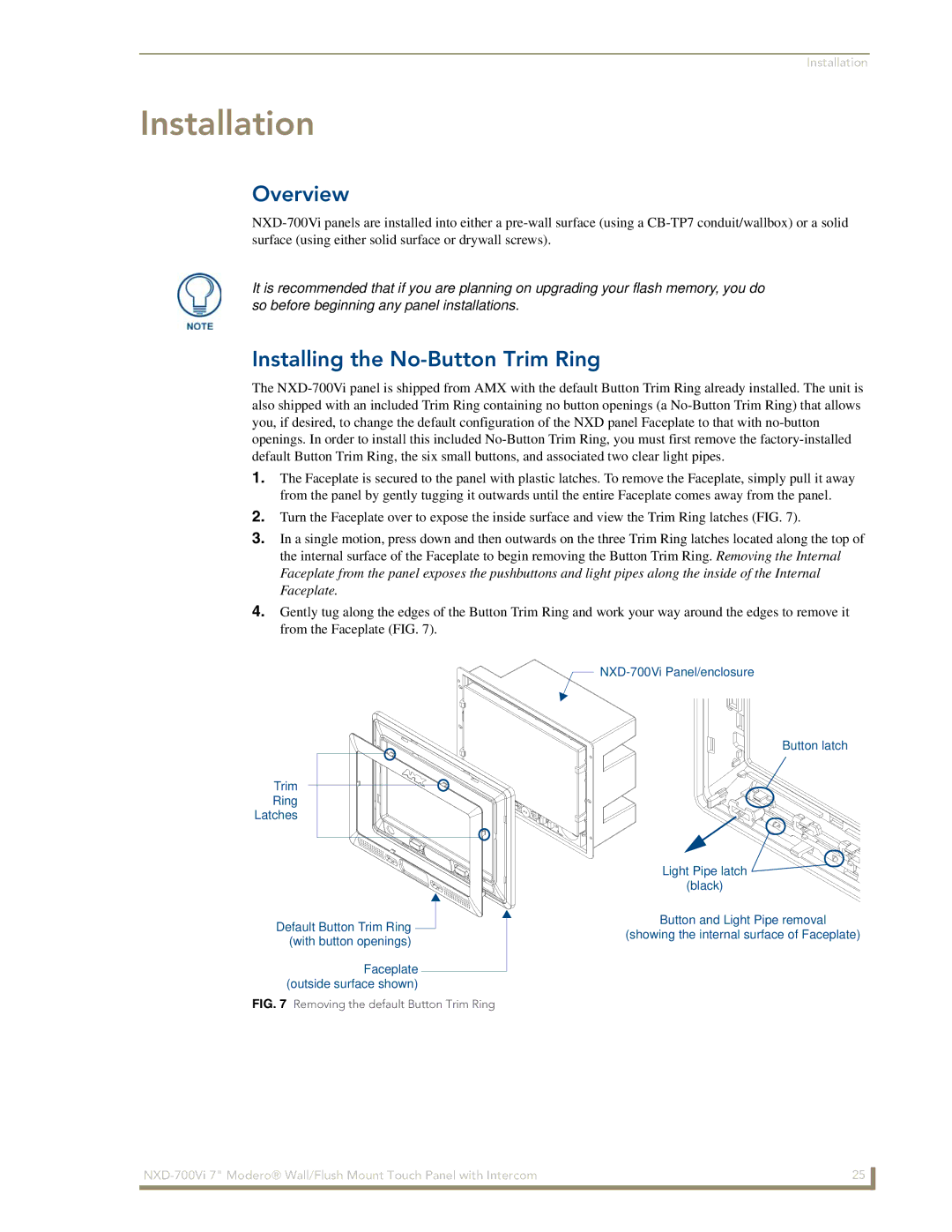 AMX NXD-700Vi manual Installation, Installing the No-Button Trim Ring 