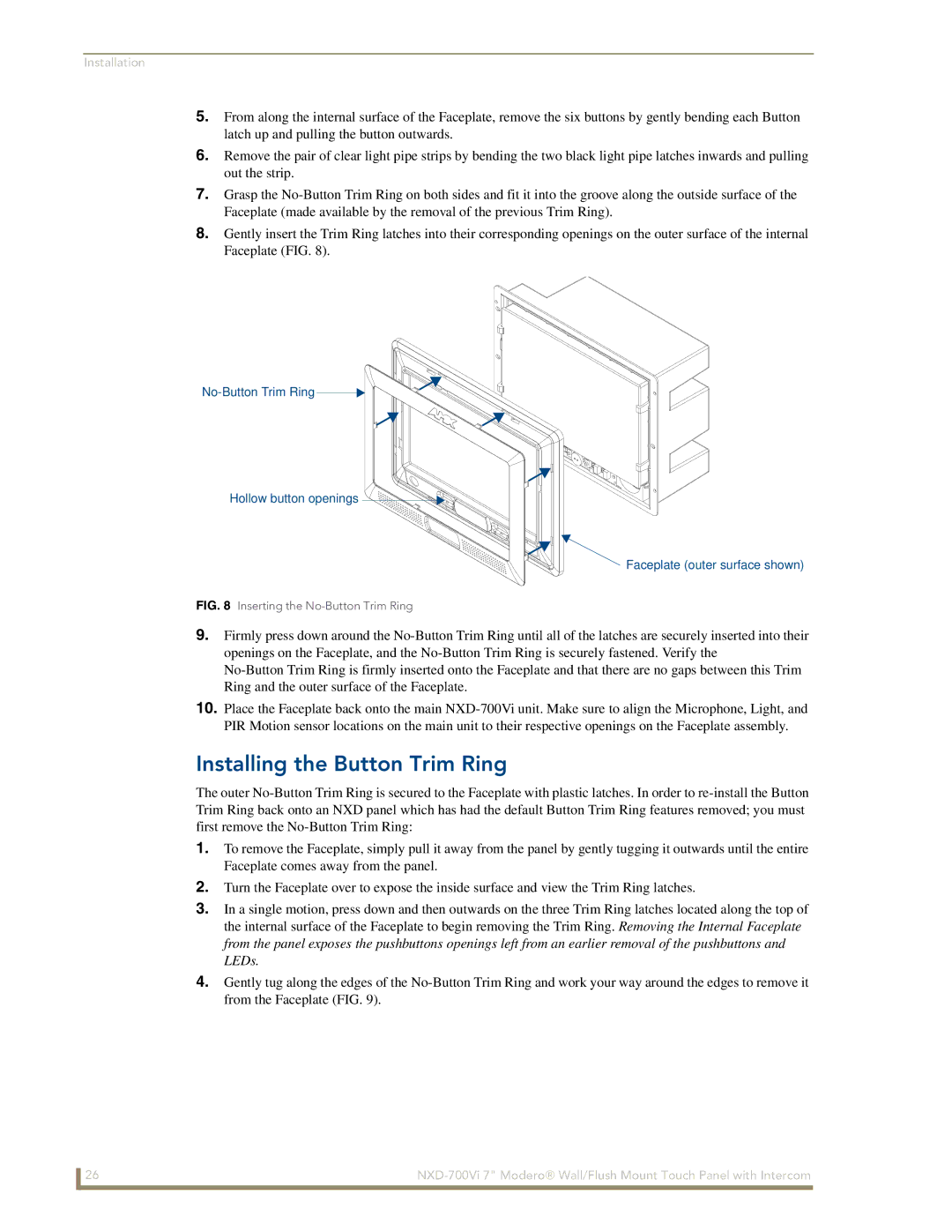 AMX NXD-700Vi manual Installing the Button Trim Ring, Inserting the No-Button Trim Ring 