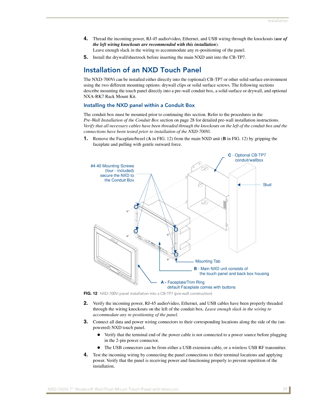 AMX NXD-700Vi manual Installation of an NXD Touch Panel, Installing the NXD panel within a Conduit Box 