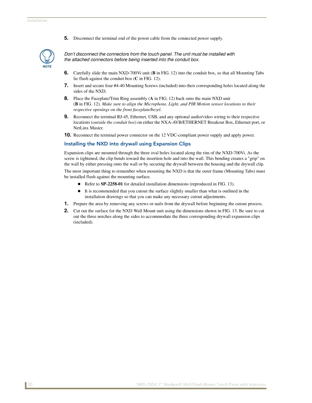 AMX NXD-700Vi manual Installing the NXD into drywall using Expansion Clips 