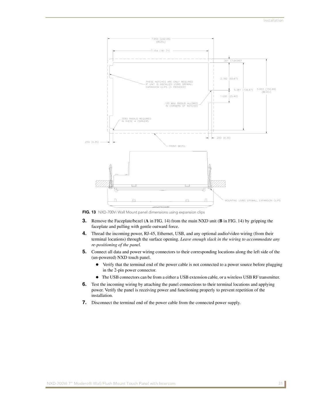 AMX manual NXD-700Vi Wall Mount panel dimensions using expansion clips 