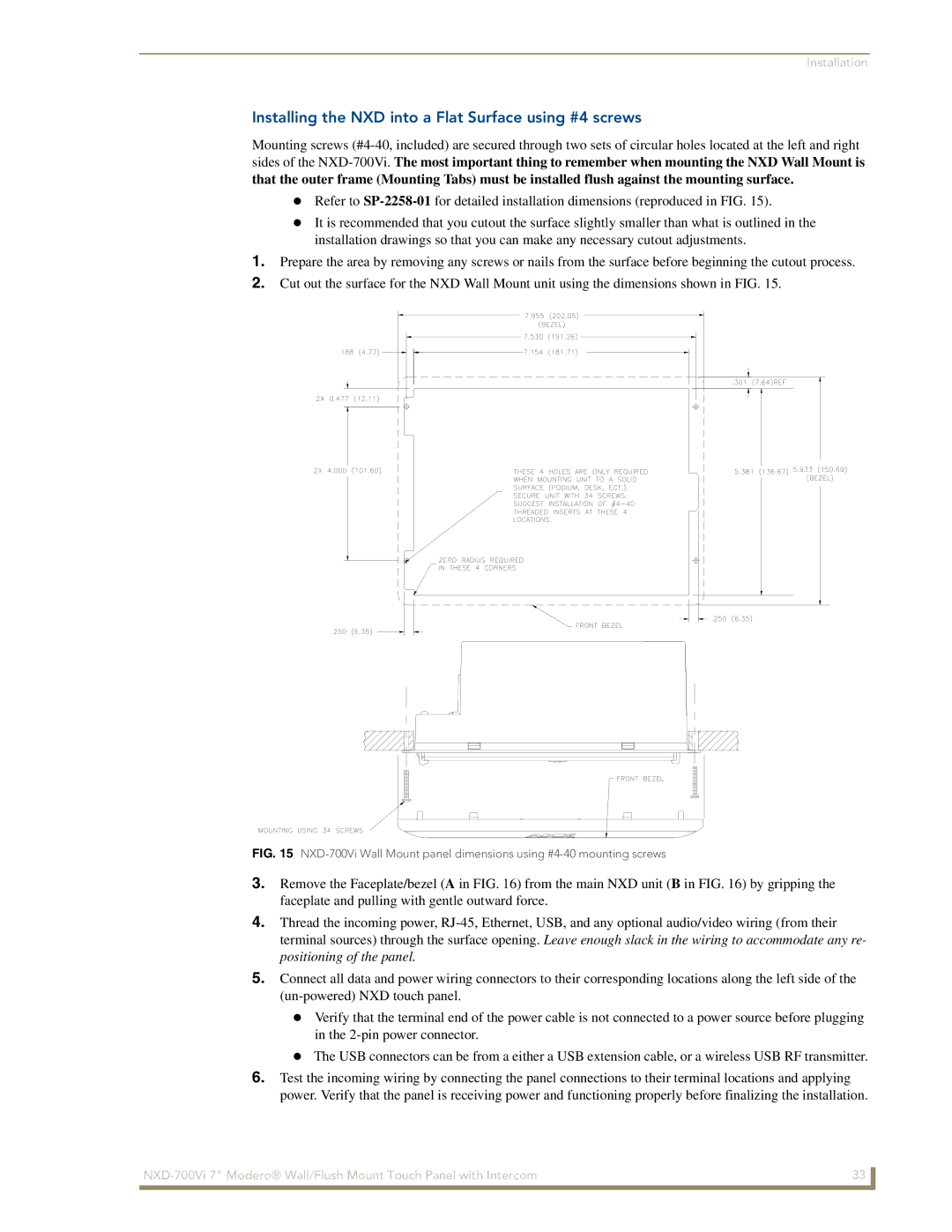 AMX NXD-700Vi manual Installing the NXD into a Flat Surface using #4 screws 