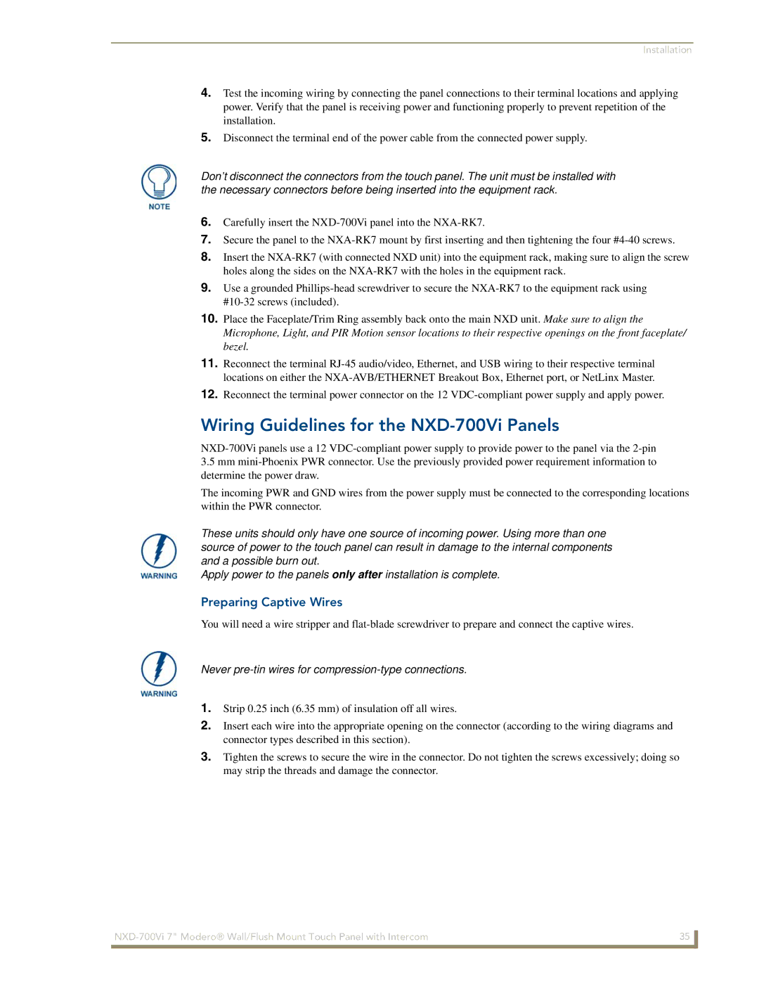 AMX manual Wiring Guidelines for the NXD-700Vi Panels, Preparing Captive Wires 