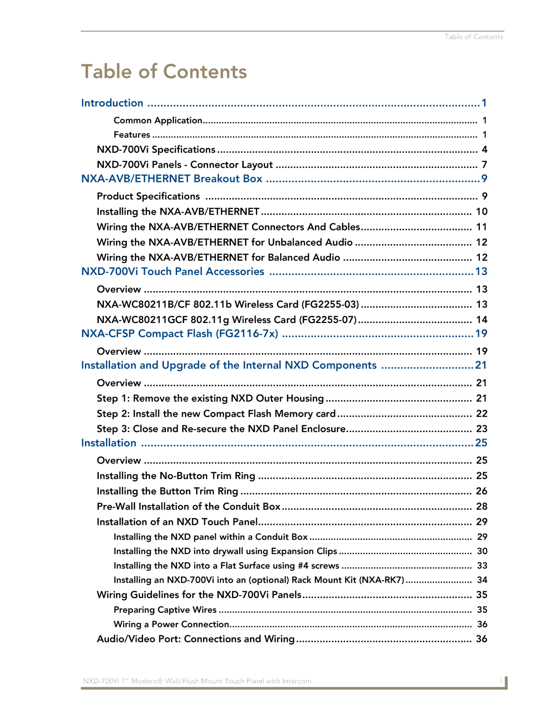 AMX NXD-700Vi manual Table of Contents 