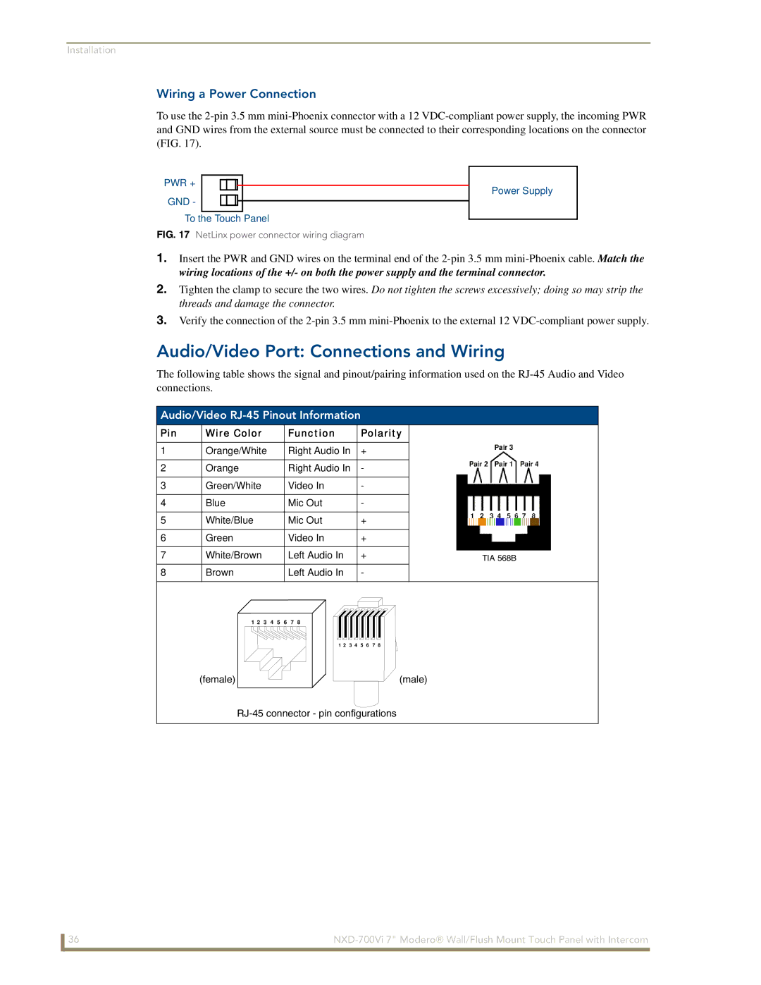 AMX NXD-700Vi Audio/Video Port Connections and Wiring, Wiring a Power Connection, Audio/Video RJ-45 Pinout Information 